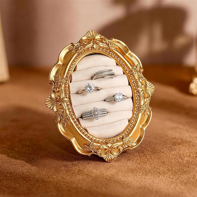 Vintage Ring Holder Rectangle Gold Velvet Display Stand - Baroque Jewelry Organizer Box Tray for Wedding Engagement Anniversary Women Birthday Christmas Gift Photograph Prop (MPF05-White)