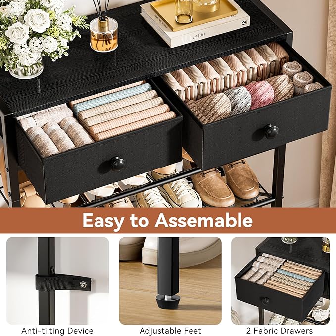 Shoe Rack for Entryway, 5 Tier Shoe Organizer with 2 Non-Woven Drawers, Metal Storage Shoe Shelf for 16-20 Pairs of Shoes, with Wooden Top and Steel Frame, Shoe Stand for Closet Charcoal