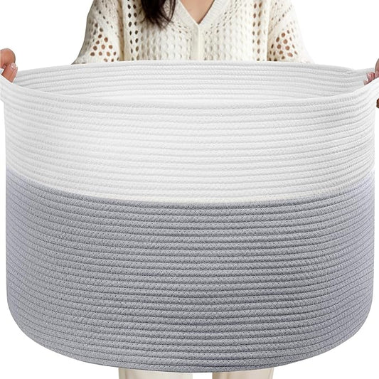 XXXL Large Laundry Basket, 105L Soft Cotton Rope Basket, Blanket Storage and Organizers, Baby Nursery Laundry Hamper, Extra Large Toys Storage Bins for Kids 23.6'' x 14.6'', White & Gray