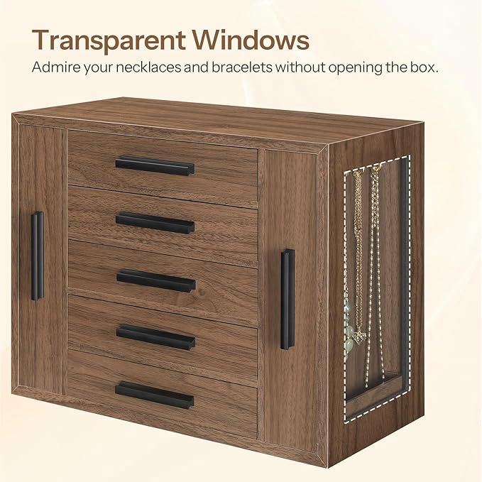 HOOBRO 5-Tier Jewelry Box, Wooden Jewelry Organizer with Transparent Windows, Jewelry Storage Box with 2 Vertical Drawers, for Earring, Necklace, Bracelet, Ring, Watch, Walnut and Black BH19JB04