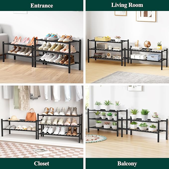Smiry Bamboo Shoe Rack for Closet, 4 Tier Wooden Stackable Shoe Organizer, Free Standing Shoes Storage Shelf for Entryway, Front Door Entrance, Black