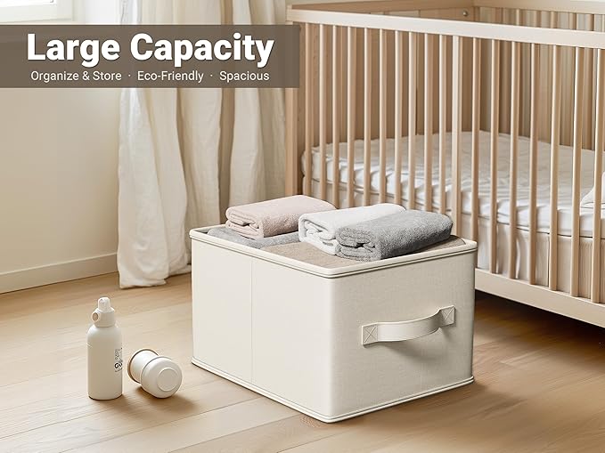 LayerSpace 3 Pack Fabric Storage Bins for Shelves | 11.5x8.75x6.5in Storage Baskets | Fabric Closet Organizers and Storage Bins with Handles Home Organization| Linen Clothes Bins | White & Ivory