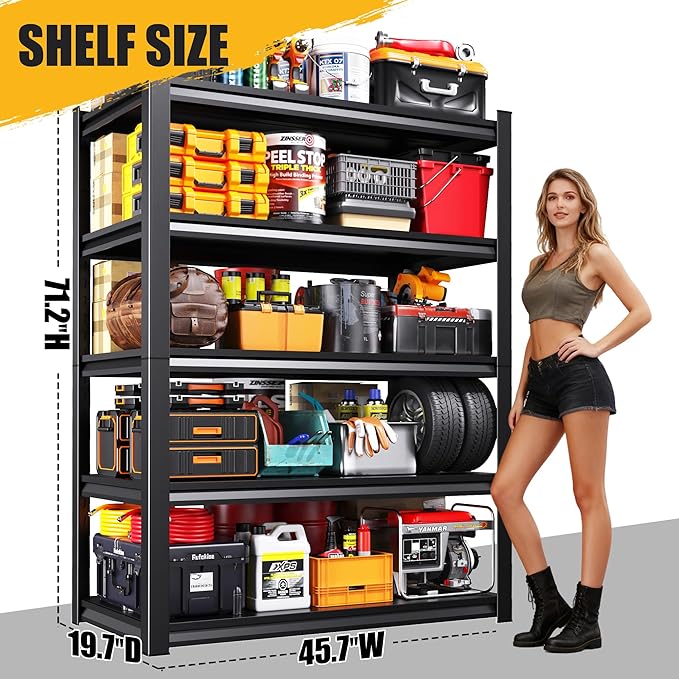71.2"H-45.7"W Garage Shelving 5T Heavy Duty Storage Shelves, Adjustable Metal Shelving Unit, Utility Garage Organizer Shelf for Basement, Pantry, Warehouse, Supermarket, 45.7"Wx19.7"Dx71.2"H