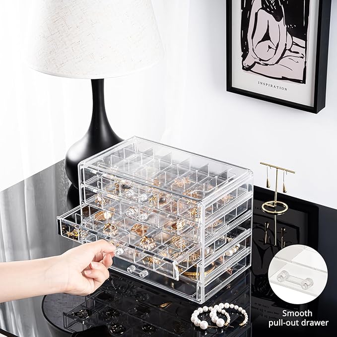 ProCase Acrylic Earrings Holder Organizer Box, Large Clear Earring Jewelry Storage Transparent Stackable Drawers Jewelry Display for Earring Ring Bracelet -Clear, 5 Layers