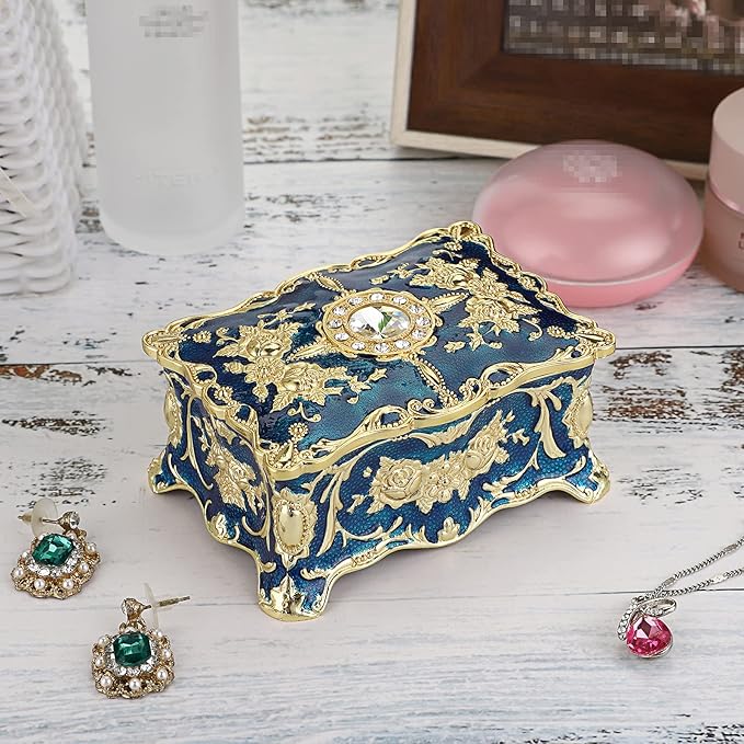 Hipiwe Vintage Jewelry Box, Small Enameled Trinket Box Organizer Rectangular Treasure Chest Box Jewelry Decorative box Keepsake Gift Box Case for Women,3.7x 2.7x 2 inch