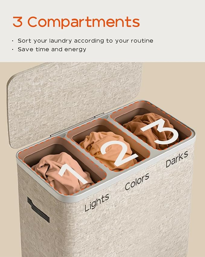 CASAMAYA Laundry Basket with Lid, Laundry Hamper 3 Section, 190L collapsible Laundry Organizer, Easy Assembly, with Handles and Removable Liners, 25.2 x 15.7 x 29.5 Inches, Beige JSP904M