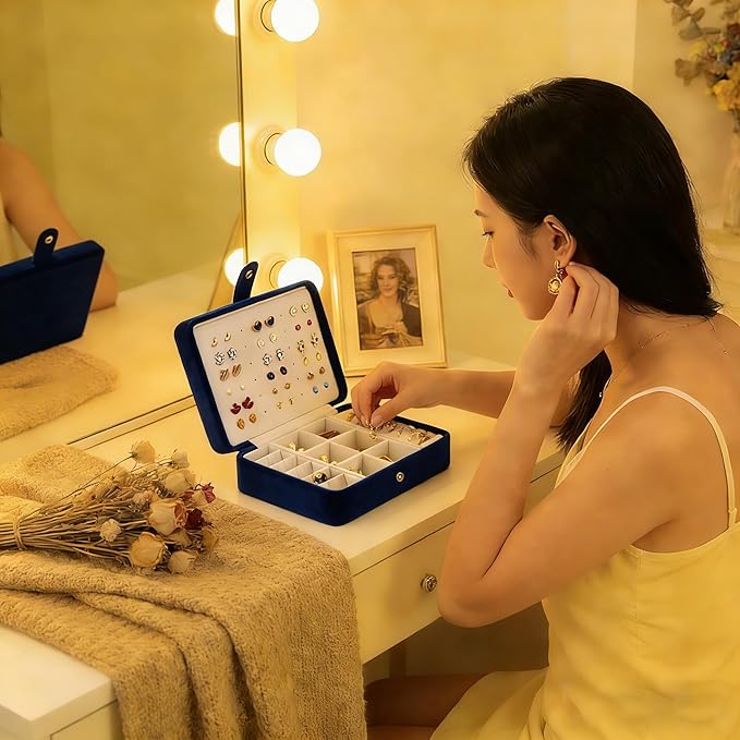 QBestry All-in-One Travel Jewelry Organizer for Women Navy | Small Jewelry Box with 68 Earring Holes | Compact Portable Jewelry Case for Earrings, Rings, Necklaces | Perfect Gifts for Mom Wife Girls