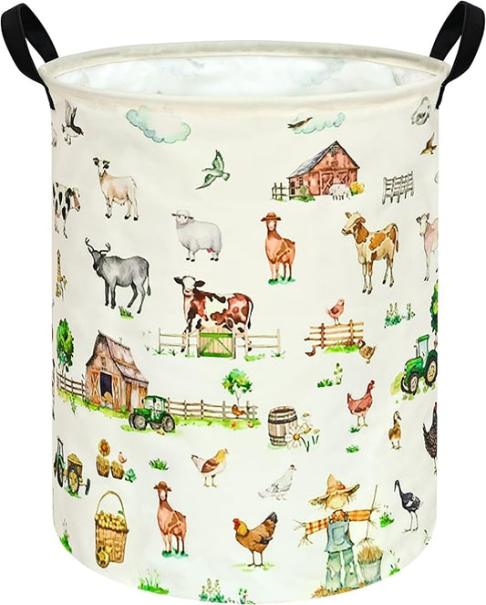 Collapsible Kids Laundry Basket Clothes Hamper, Foldable Storage Organizer Bin, Toy Clothes Storage with Handles for Boys Girls Bedroom, Room Decor Farm