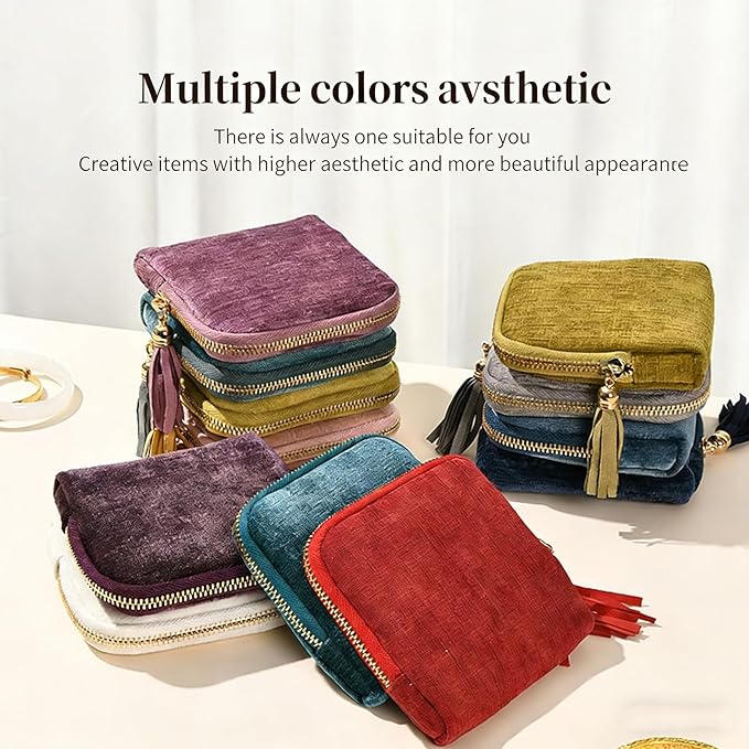 Travel Jewelry Organizer Bag Small Jewelry Holder Case with Tassel Zipper for Vacation Business Trip, Velvet Necklace Earrings Bangles Storage Box for Women Girls