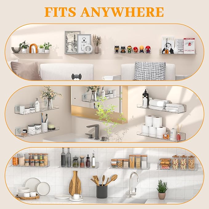 LAZYROSY 10 Pack Floating Shelves - Clear Acrylic/PET Wall Mounted Non-Drilling Storage Rack with Adhesive, Invisible Bathroom and Bedroom Shelves for Kitchen, Living Room, Clear Decoration