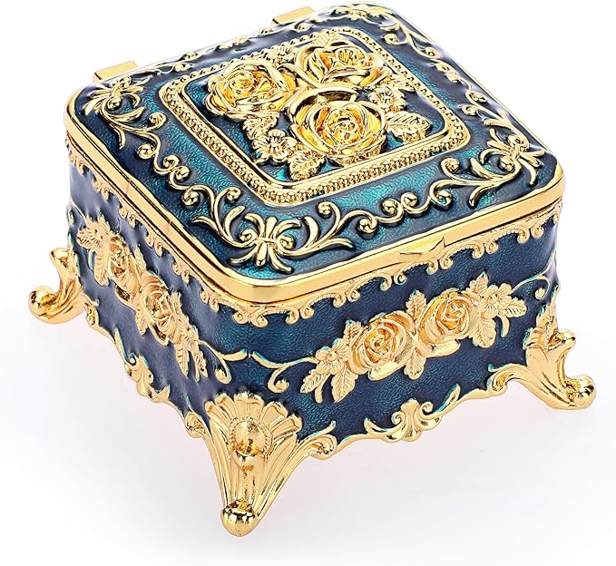 Hipiwe Vintage Metal Jewelry Box - Small Trinket Organizer Ring Box Case with Rose Pattern, Jewelry Storage Box for Ring Earrings Necklace, Keepsake Box for Women, 3"x3"x2.4"