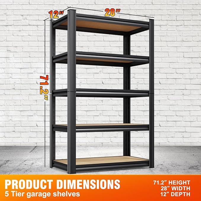 71.2"H Storage Shelves, 5 Tier Adjustable Wood Garage Shelving, Utility Tall Metal Shelving Unit, Easy to install Standing Garage Storage for Warehouse,Bedroom,Basement,31.5"W X 13.8"D X 71.2"H