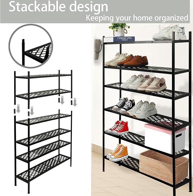 Shoe Rack, 4-Tier Long Shoe Rack, Stackable Shoe Storage Organizer Expandable Shoe Shelf Stand, Holds up to 25-30 Pairs of Shoes for Entryway, Garage, Front Door Entrance, Metal,45.6in Black