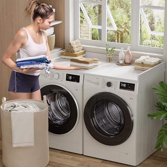 Aheaplus Washer and Dryer Countertop, Laundry Room Organization with Non-Slip Pads, Wood Shelf Topper with Round Corner Edge Rails, Folding Organizer for Laundry, 54" W x 27.5" D, White