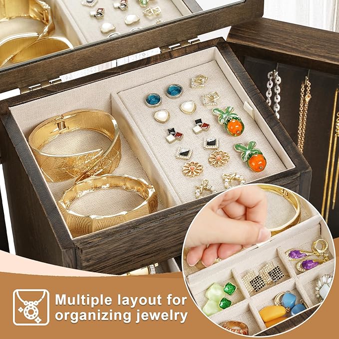 Jewelry Box for Women, Rustic Wooden Jewelry Boxes & Organizers with Mirror & Drawers,6 Layer Jewelry Organizer Box for Rings Earrings Necklaces Bracelets (Vintage)