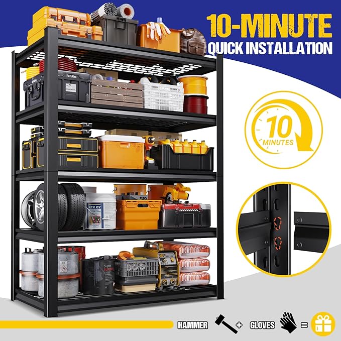 Set of 2 Garage Shelving Heavy Duty Storage Shelves, 5-Tier Adjustable Metal Shelving Unit, Utility Garage Organizer Shelf for Basement, Pantry, Kitchen, Warehouse,17.7" D x 45.6" W x 71.2" H