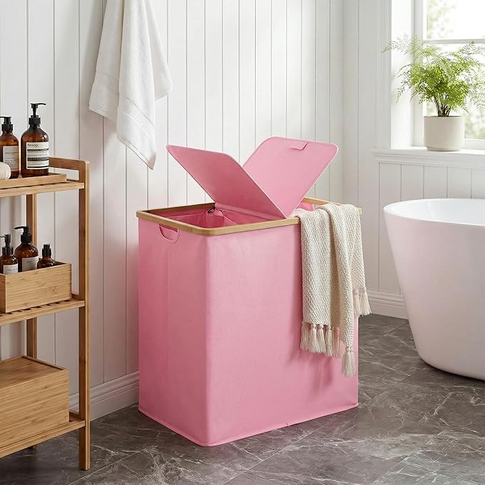 efluky Laundry Hamper with Lid, Double Laundry Hamper with 2 Removable Bags, 2 Section Laundry Basket with Bamboo Handles for Bathroom, Bedroom & Laundry Room (Pink, 140L Dual)