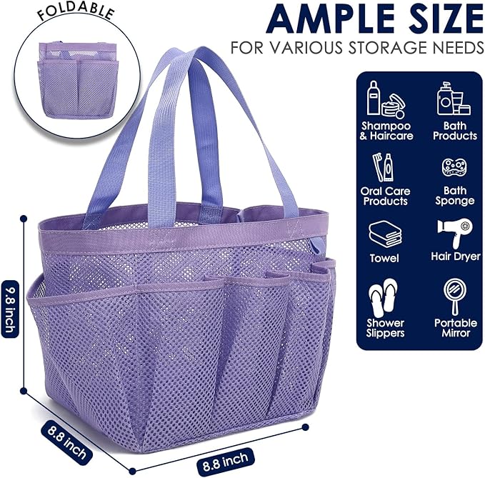 GYEUKHAM Large Mesh Shower Caddy Portable with 8-Pocket for College Dorm Room Essentials,Quick-Dry Handing Shower Basket Tote Bag for Toiletry, Bathroom,Beach,Camp,Gym,Purple