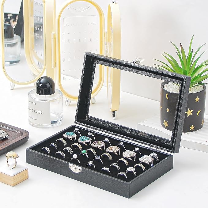Ring Display Case,Jewelry Ring Organizer Box For Rings,Ring And Earring Holder Box For Girl,Velvet Ring Display Tray (Black, 30 slots)