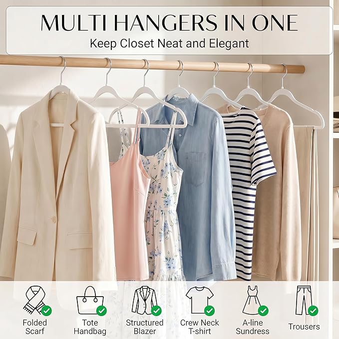 Smarter Plastic Hangers 200 Pack - Thin Hangers Non-Velvet with 360° Swivel Chrome Hook & Notches, Sweater Hanger No Shoulder Bump - Ideal for Dresses, Coats, Shirt, Jacket, Sweater - White
