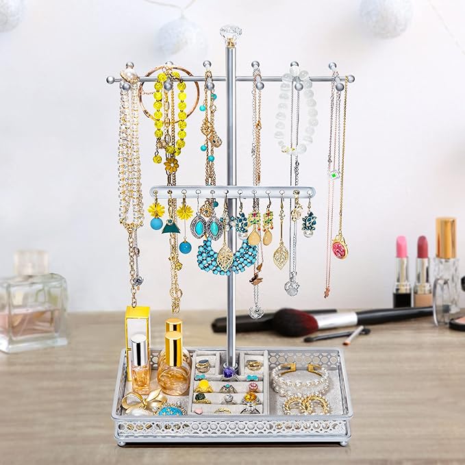 Meangood Jewelry Organizer Stand, 15.6" H Jewelry Tree Display Holder Stand for Bracelets Necklaces Earrings Rings, Gift for Women Girls (Silver)