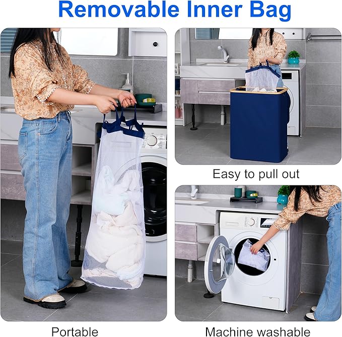 efluky Laundry Hamper with Lid, Trio Laundry Hamper with 3 Removable Bags, 3 Section Laundry Basket with Bamboo Handles for Bathroom, Bedroom & Laundry Room, 160L Blue