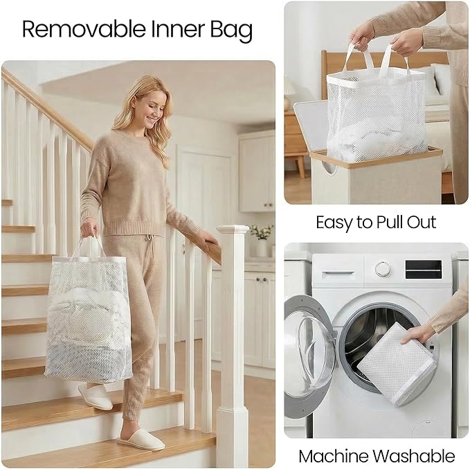 efluky Slim Laundry Basket with Lid, Narrow Laundry Hamper with Removable Bag, Skinny Dirty Clothes Basket with Bamboo Handles for Bathroom, Bedroom & Laundry Room, 65L White