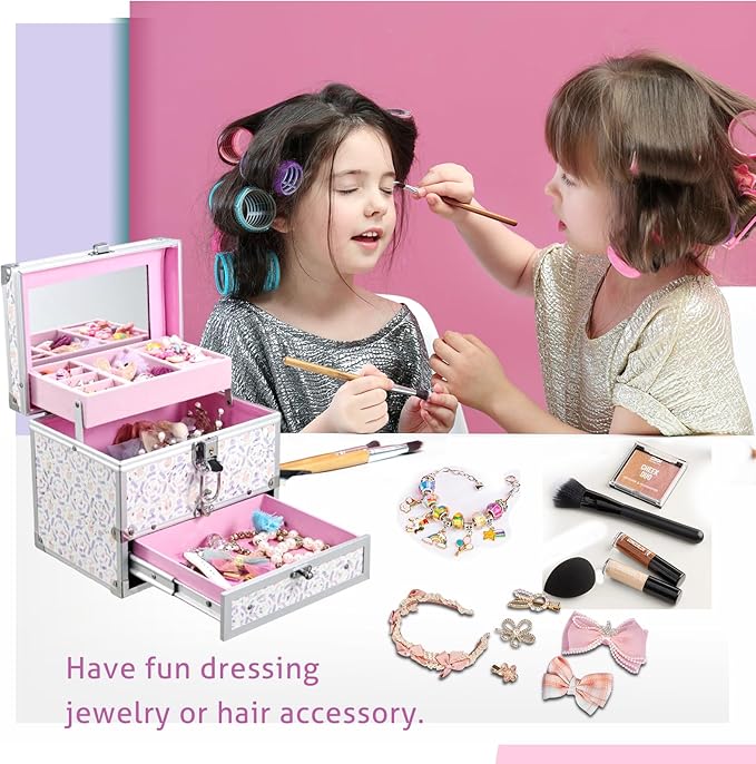 Hododou Girls Jewelry Box Organizer with Drawer & Mirror, Shiny Pink Style Lockable Storage Case for Kid or Little Girls Jewelry and Hair Accessories Lilac
