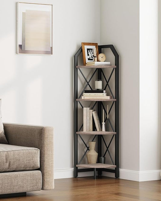 CHOEZON 4-Tier Corner Shelf, Industrial Corner Bookshelf, 47.6" Corner Storage Stand, Plant Stand Display Shelf, Corner Bookcase for Bedroom, Living Room, Home Office, Greige and Black TCJ09BG