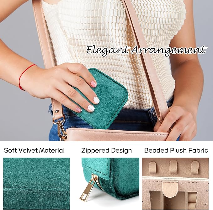 Plush Velvet Travel Jewelry Box for Women & Girls - Small Portable Organizer, Storage Case for Rings, Earrings, Necklaces & Bracelets – Ideal Gift for Travel & Occasions (Green)