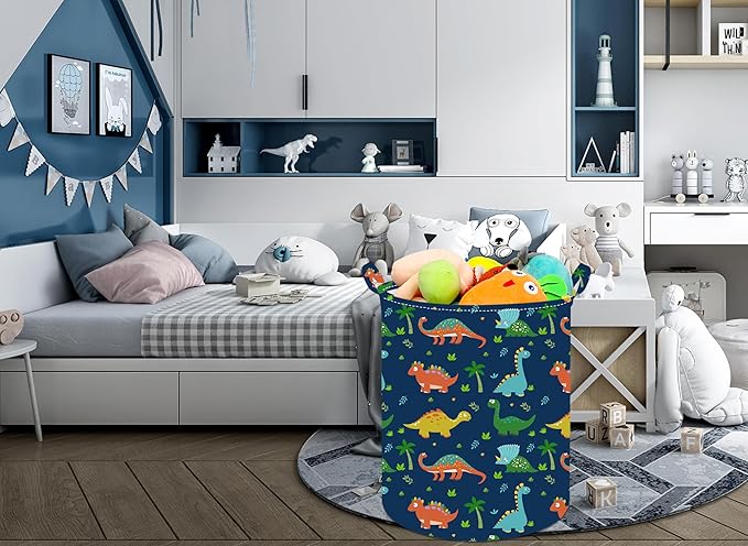 Collapsible Kids Laundry Basket Clothes Hamper, Foldable Storage Organizer Bin, Toy Clothes Storage with Handles for Boys Girls Bedroom, Room Decor Dinosaur
