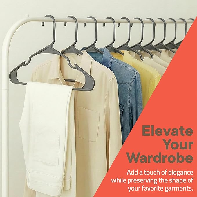 Gray Plastic Hangers 10 Pack– Heavy-Duty Plastic Hangers Slim and Space-Saving, Durable and Lightweight PP with Non-Slip Shoulder Notches for Slip Dresses, Suits, Jackets & Camisoles