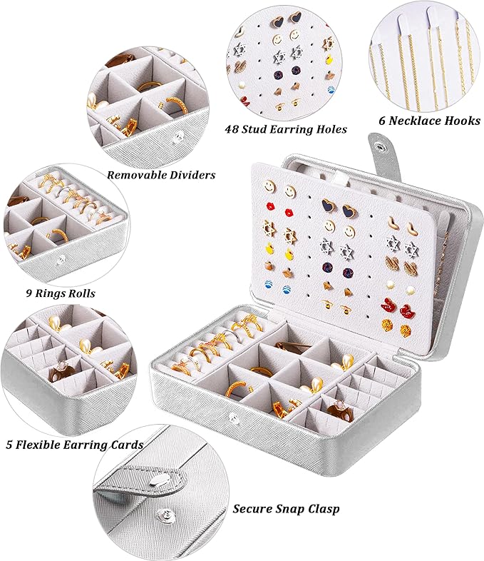 QBestry All-in-One Travel Jewelry Organizer for Women Silver | Small Jewelry Box with 68 Earring Holes | Compact Portable Jewelry Case for Earrings, Rings, Necklaces | Perfect Gifts for Mom Wife Girls