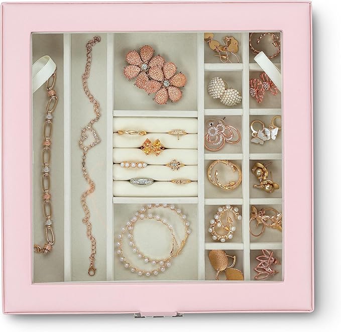 Glenor Co 28 Section Jewelry Box - 2 Layer & Buckle Magnet Closure - Large Glass Top - Leather Design - Soft Pink - Jewelry Organizer for Women & Girls - for Earring Ring Necklace & Bracelet