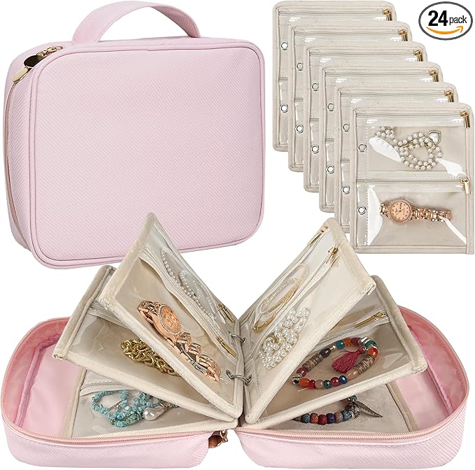 Travel Jewelry Organizer Case,Small Jewelry Bags for Traveling, Jewelry Binder with 24 Pcs Clear Zipper Velvet Pouches (Pink)