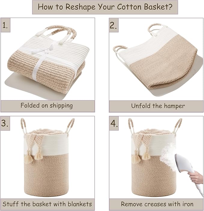 60L Laundry Hamper Basket Tall Woven Cotton Rope Clothes Hamper for Baby Girls Nursery Kids Blanket Basket in Living Room Bathroom Bedroom Brown 15Dx20H Inches Large