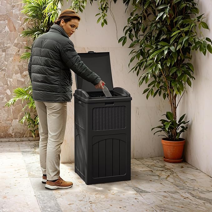 Greesum 33 Gallon Outdoor Trash Can with Lid, Waterproof Resin Garbage Bin for Hideaway, Deck, Patio, Black