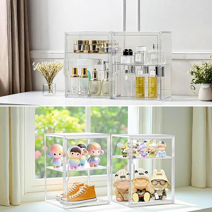 Acrylic Display Case for Collectibles, 3 Tier Clear Storage Bin with 3 Adjustable Layers and 2 Removable Divider, Stackable Clear Storage Box with Magnetic Door for Figures, Home or Office,Large