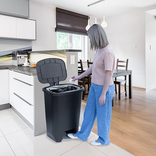 Glad Premium 20 Gallon Trash Can - Plastic Kitchen Waste Bin with Odor Protection of Lid, Stainless Steel Step On Foot Pedal and Garbage Bag Rings, Black