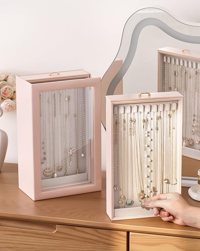 Lolalet Upgraded Double-Sided Hanging Necklace Organizer Box, Jewelry Display Case with Double-Sided Clear Window for Necklaces Bracelets, Tangle-Free Necklace Storage Box, Mothers Day Gift