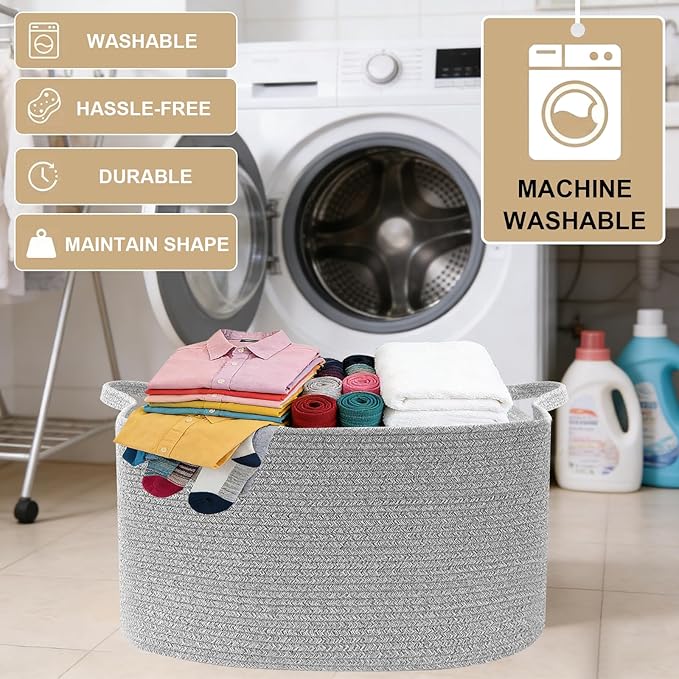 96L Large Blanket Basket,24"x16"x15"Rectangle Storage Bin with Handles,Woven Rope Laundry Basket for Toys, Clothes,Magazines,Home Organization,Nursery,Living Room & Bedroom,Grey