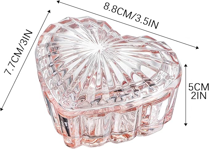 kanpura Glass Heart Shaped Jewelry Box Candy Dish with Lid Ring Earring Trinket Storage Box Vintage Jewelry Organizer Decorative Jar Christmas Gift for Women Girls(Pink)