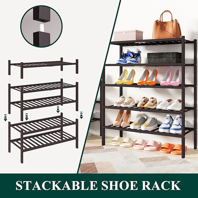 Smiry Shoe Rack, 6 Tier Thick Small Bamboo Shoe Organizer, Stackable Free Standing Wooden Shoe Storage Shelf for Closet, Entryway, Front Door Entrance, Brown
