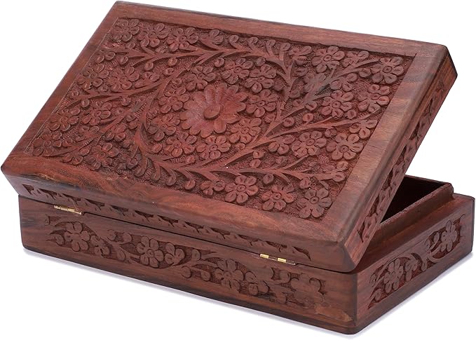 Ajuny Wooden Handcarved Decorative Jewelry Storage Box Flower Design Multipurpose Treasure Chest Keepsake Organizer Necklaces Watch Boxes Great for Gifts 8x5 Inch