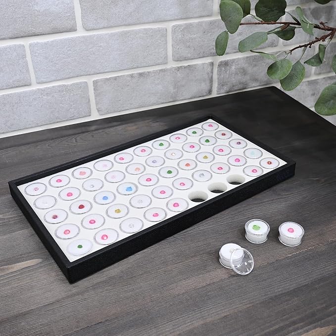Ikee Design White Foam Gem Jars Showcase Stackable Display Tray for Collectibles, Home Organization Storage Box with 50 Gemstones and Bead Storage Jars, White Foam/Black Tray