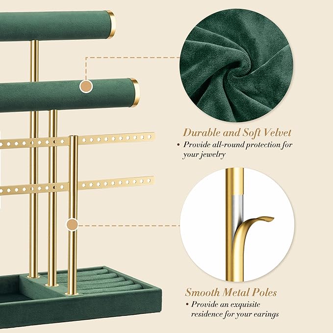 bussdis 3 Tier Bracelet Holder Display - Detachable T Bar Dark Green Velvet Bracelet Holder, Jewelry Holder Organizer for Bracelet, Necklace, Earrings, Rings