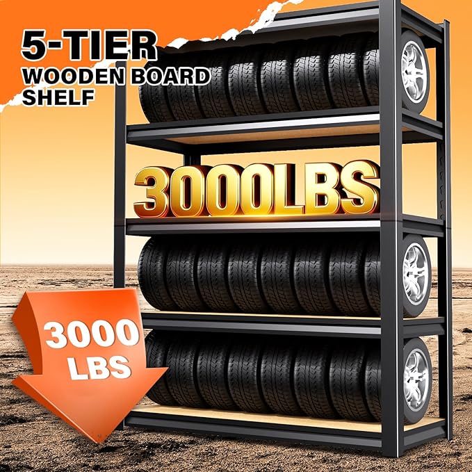 78''H*46''W Storage Shelves,3000LBS Garage Shelving ,Adjustable Garage Shelves ,Heavy Duty Metal Shelving, 5 Tier Wood Utility Steel Shelf, Shelving Units and Storage Rack fo Kitchen Pantry Laundry