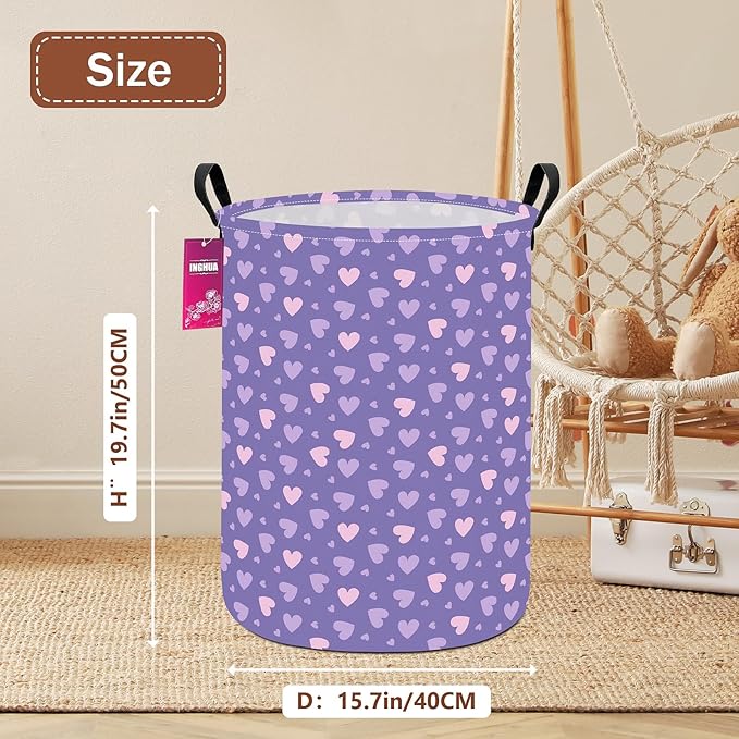 Laundry Hamper Large Canvas Fabric Lightweight Storage Basket/Toy Organizer/Dirty Clothes Collapsible Waterproof for College Dorms, Boys and Girls Bedroom,Bathroom(Purple hearts)