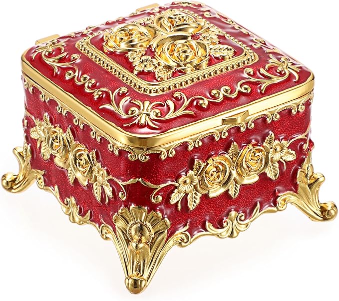 Hipiwe Vintage Metal Jewelry Box - Small Trinket Organizer Ring Box Case with Rose Pattern Jewelry Storage Box for Ring Earrings Necklace, Keepsake Box for Women,Red