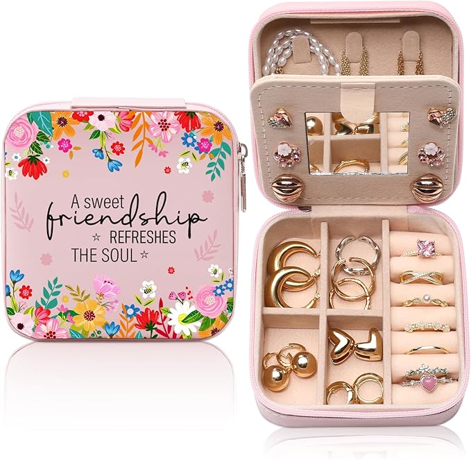 GAOLZIUY Friendship Gifts for Women, Friendship Travel Jewelry Box with Flowers, Portable Jewelry Organizer Case for Women Girls, Bestie Birthday Gifts for Soul Sister Best Friend BFF